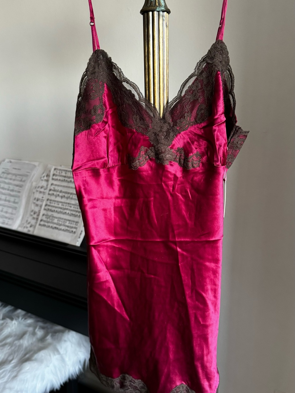 Silk-Feel Magenta Lace Trim Slip Dress